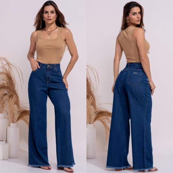 Calça Pantalona Escura Barra Desfiada Jeans