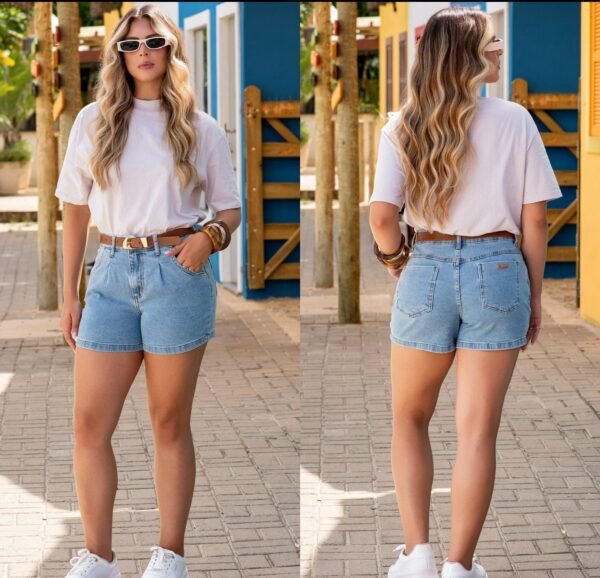 Short Claro C/ Prega e Cinto Jeans