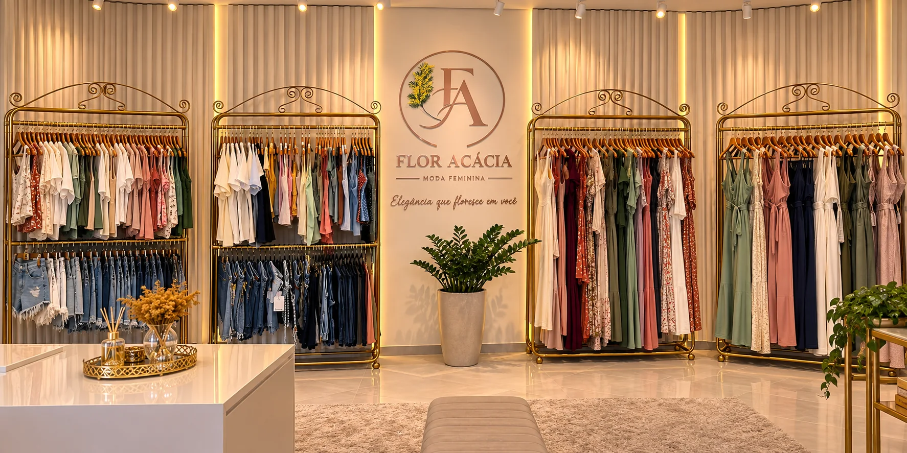 Flor Acacia: interior da loja em composicao de campanha com laterais ampliadas por IA